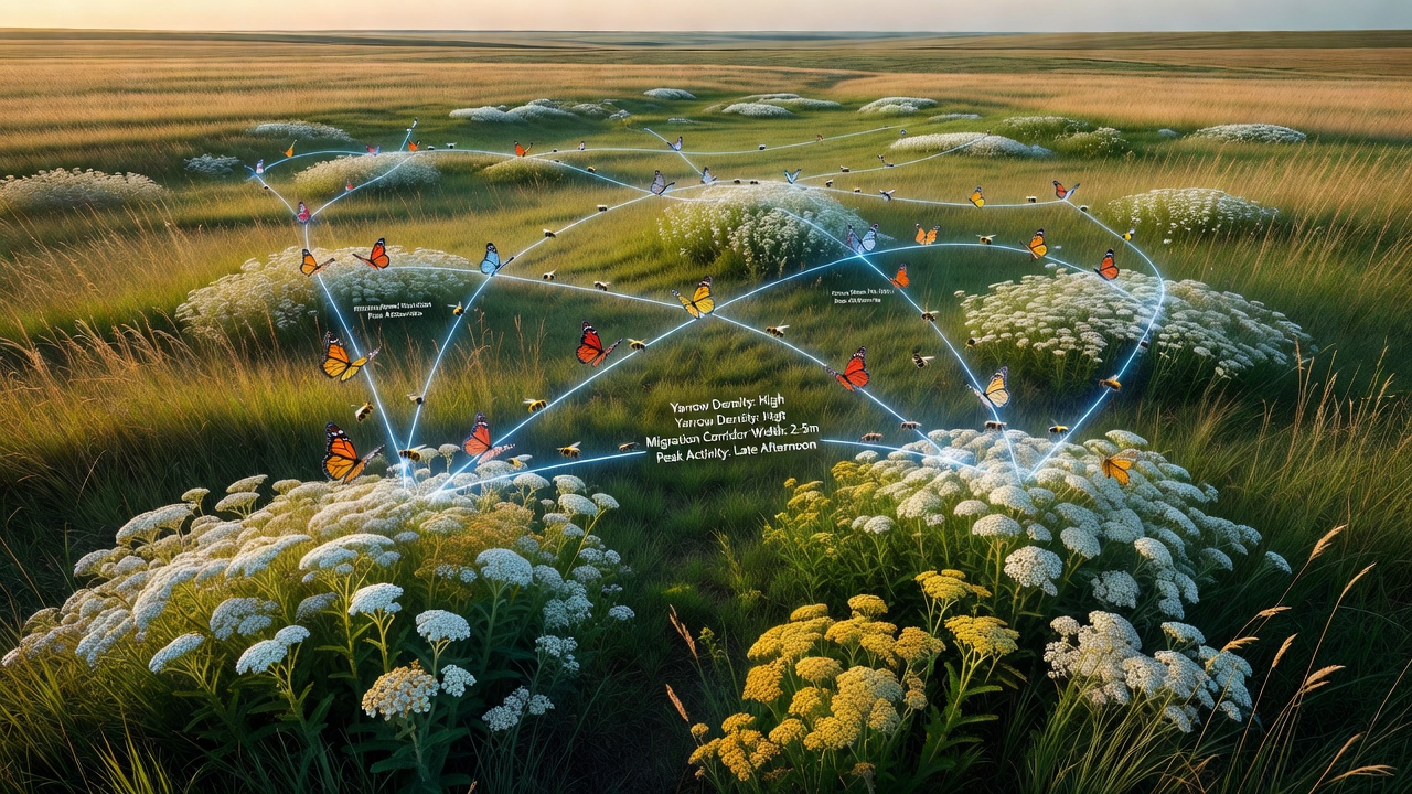 Close-up of insects feeding on yarrow flowers amid grassland vegetation during migration season