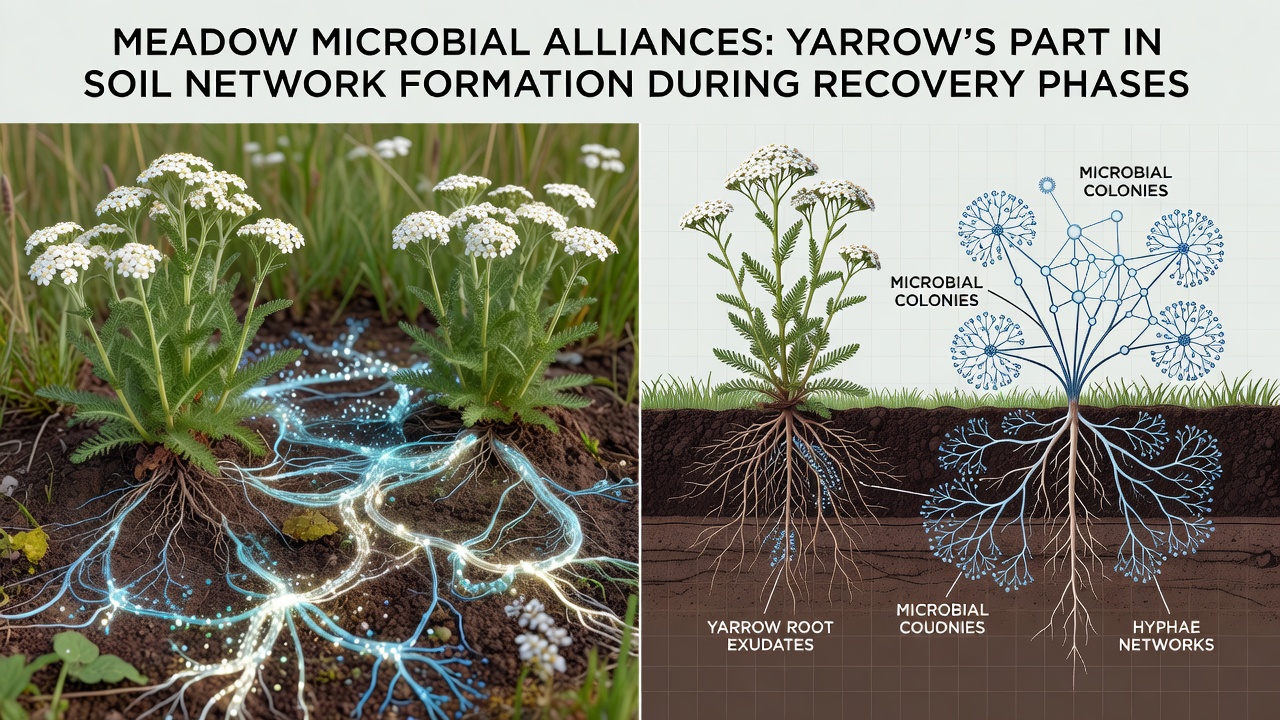 Close-up of yarrow roots intertwined with soil aggregates and fungal hyphae during meadow recovery