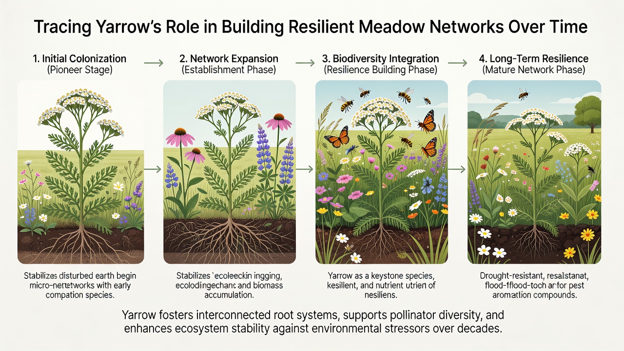 Close-up of yarrow flower clusters alongside meadow grasses illustrating pollinator interactions and soil structure